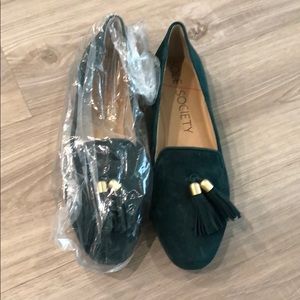 Emerald green loafers with tassels